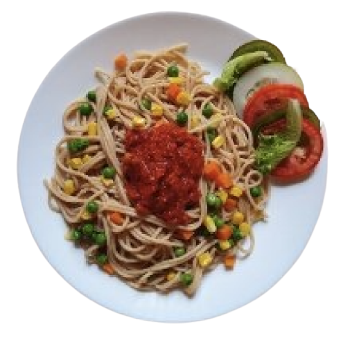 Pasta plate with sauce and vegetables